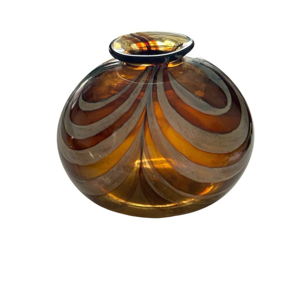 Handblown Round Glass Bud Vase Murano Style Swirl Bowl Artist Signed SLY 73 4”